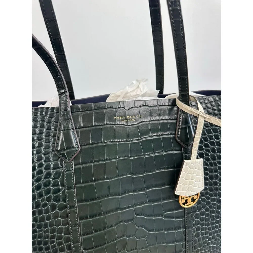 Tory Burch Perry Deep Kelp Green Embossed Triple Compartment Tote Bag
